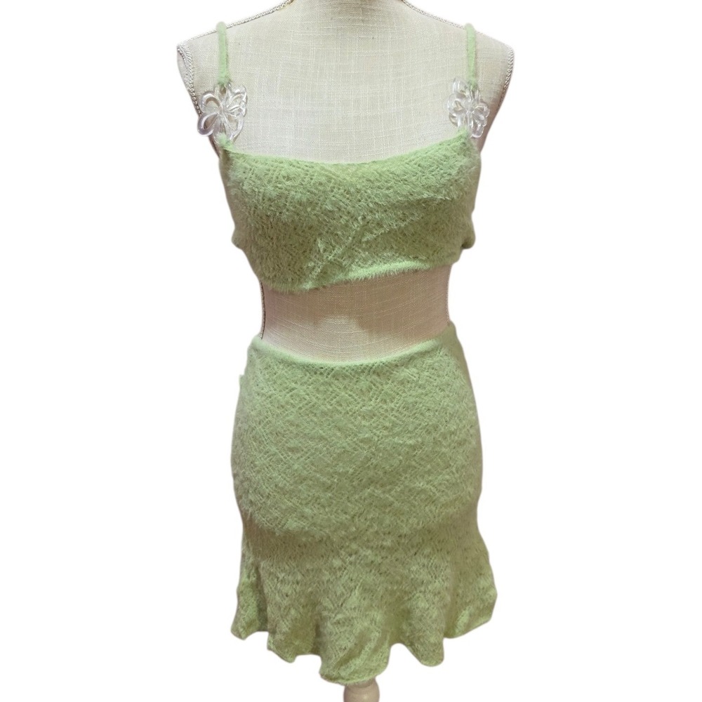 Set Lime For Love & Lemons Luisa Two Piece Skirt Set Lime Green Sheer Fuzzy